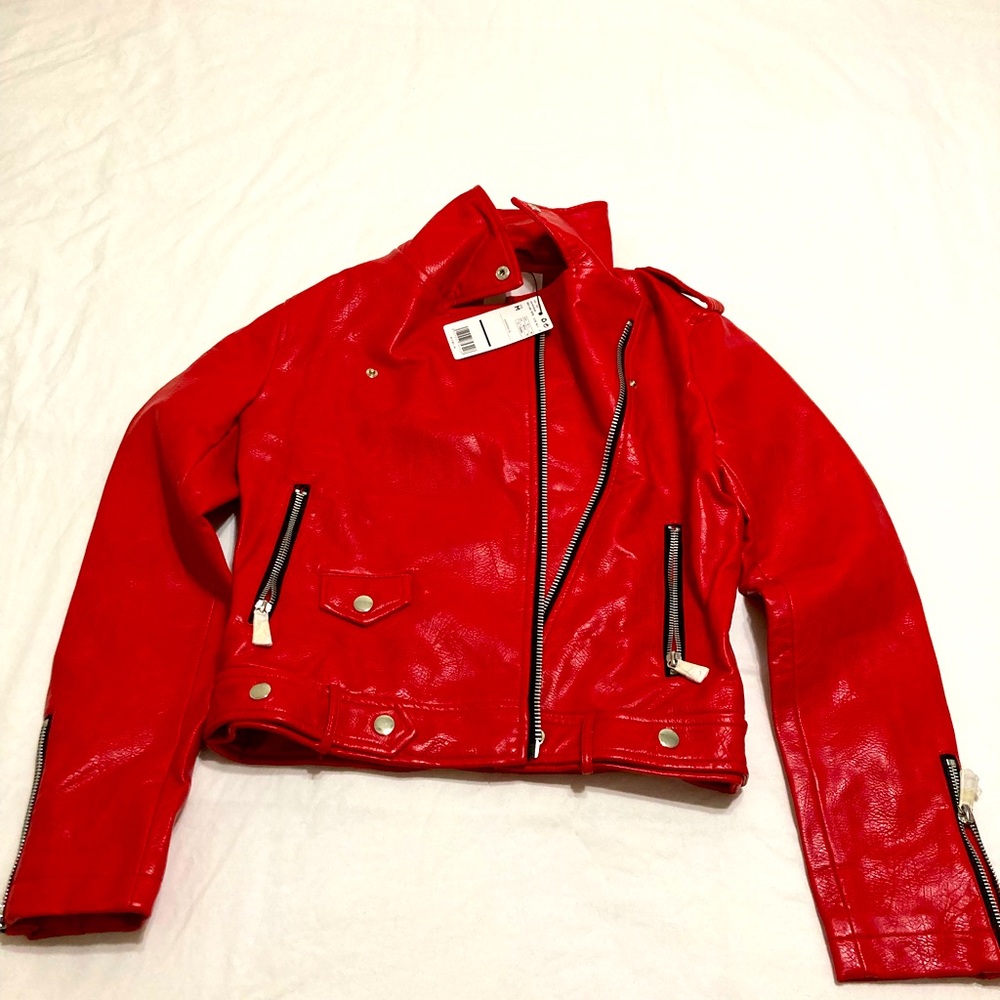 New red faux leather Zara jacket in size medium.